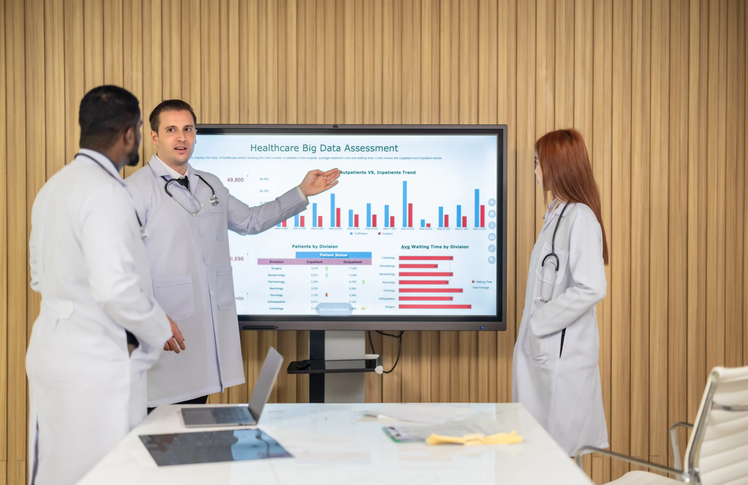 Clinical leaders reading operational data on a large screen